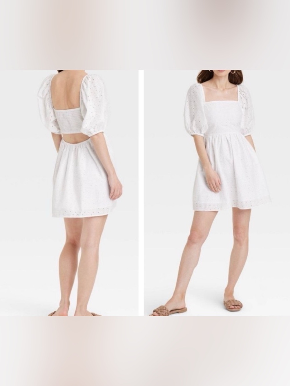 A new day white eyelet puff sleeves open back dress. S